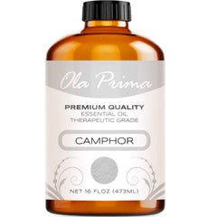 Ola Prima Camphor essential oil bottle highlights aroma freshness for aromatherapy.