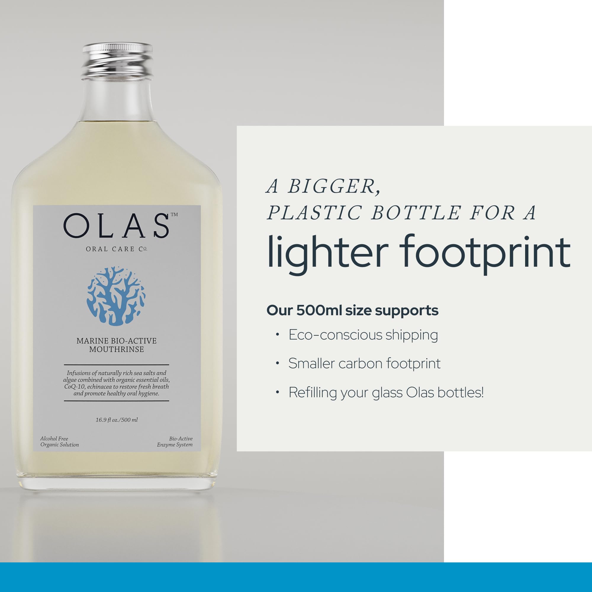 Olas essential oils with tea tree and mint deliver a cooling sensation.