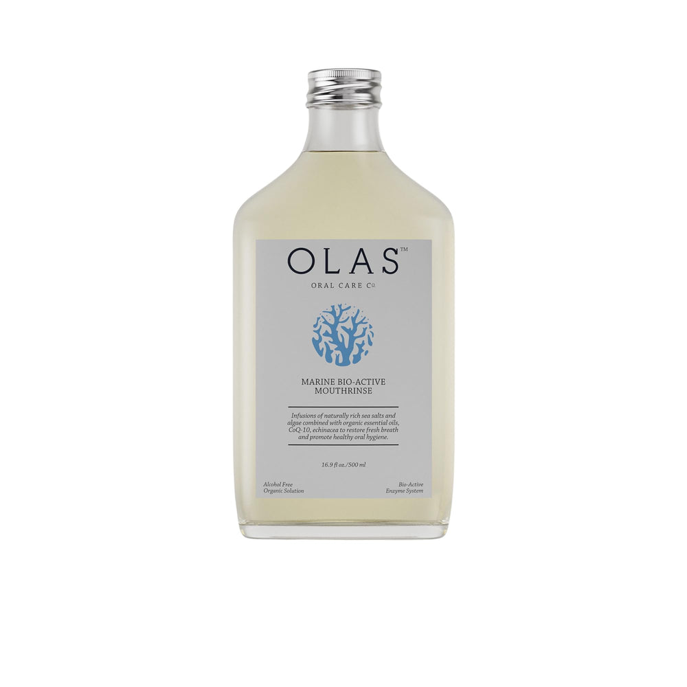 Olas marine bio-active mouthwash bottle suggests refreshing, alcohol-free care for gums and breath.