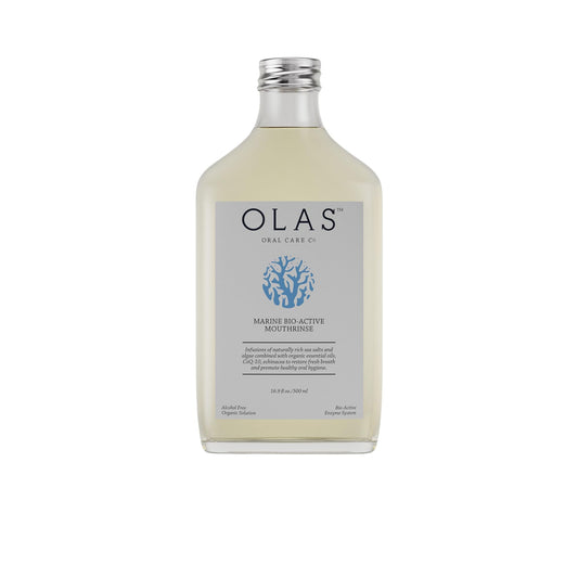 Olas marine bio-active mouthwash bottle suggests refreshing, alcohol-free care for gums and breath.