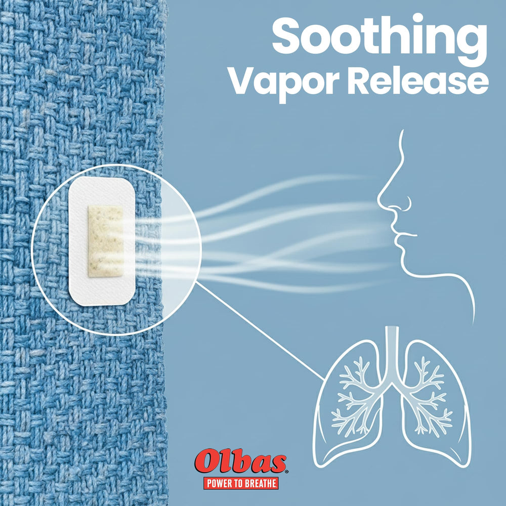 Olbas Breathe Easy Patches in use at night on a child’s bed, calm breathing.