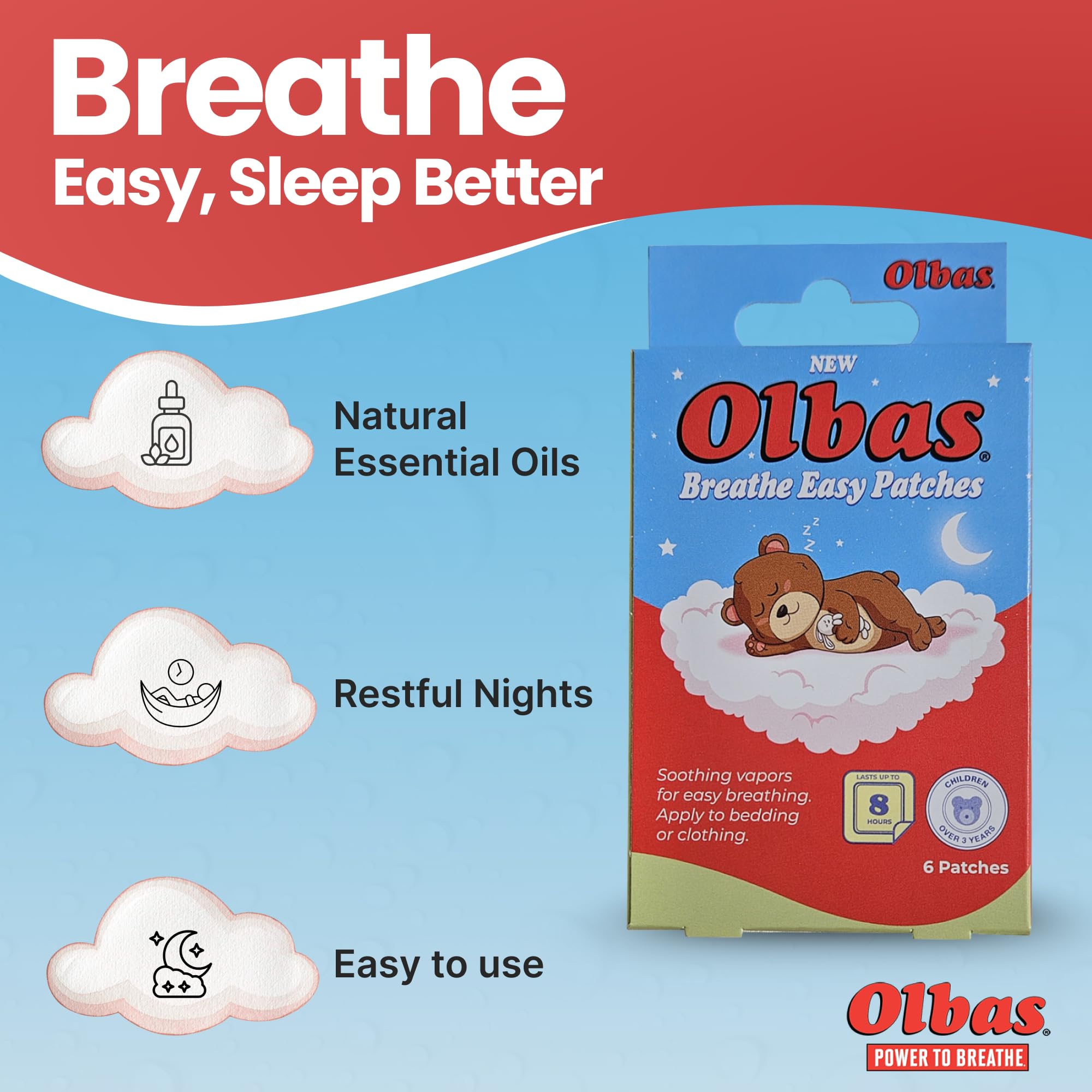 Olbas Breathe Easy Patches on child pajamas promoting night-time breathing comfort.