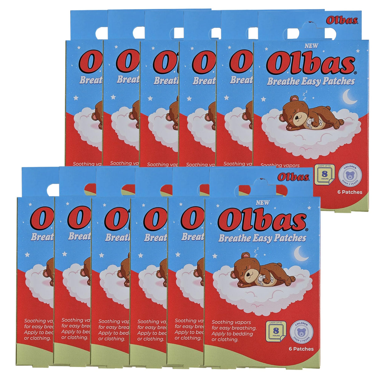 Olbas Breathe Easy Patches packaging shows natural relief for kids' congestion.