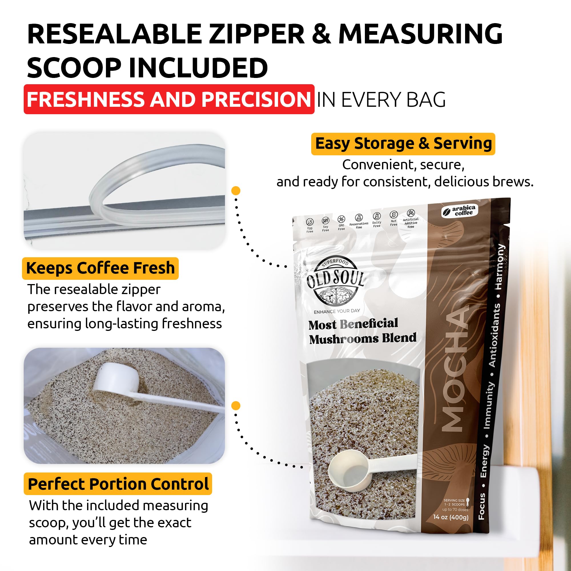 OldSoul 14-ounce pack beside scoop for easy measurement