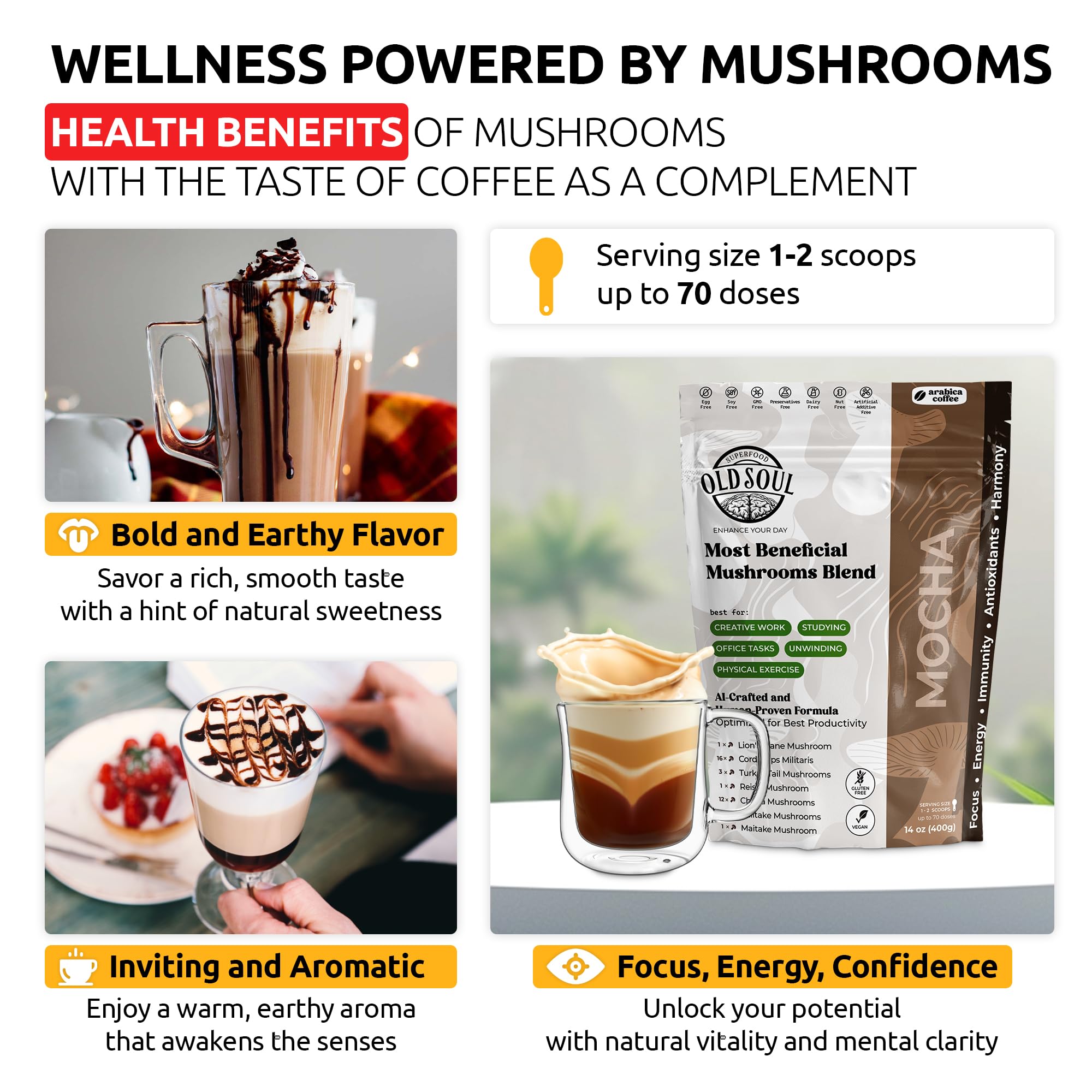 OldSoul five-mushroom blend ingredients close-up for sustained energy