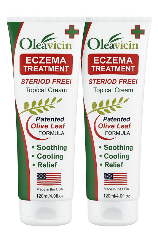 Oleavicin eczema cream 2-pack packshot shows quick absorption and non-greasy hydration.