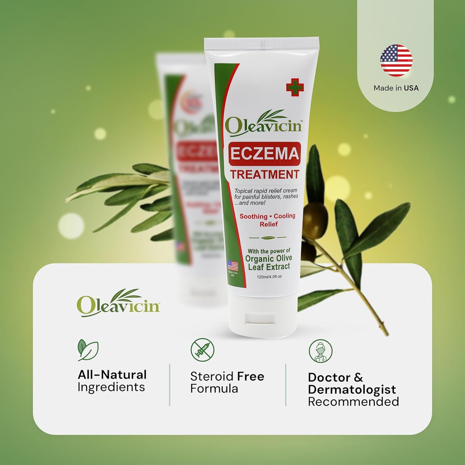 Oleavicin eczema cream application closeup demonstrates soothing texture suitable for sensitive skin.