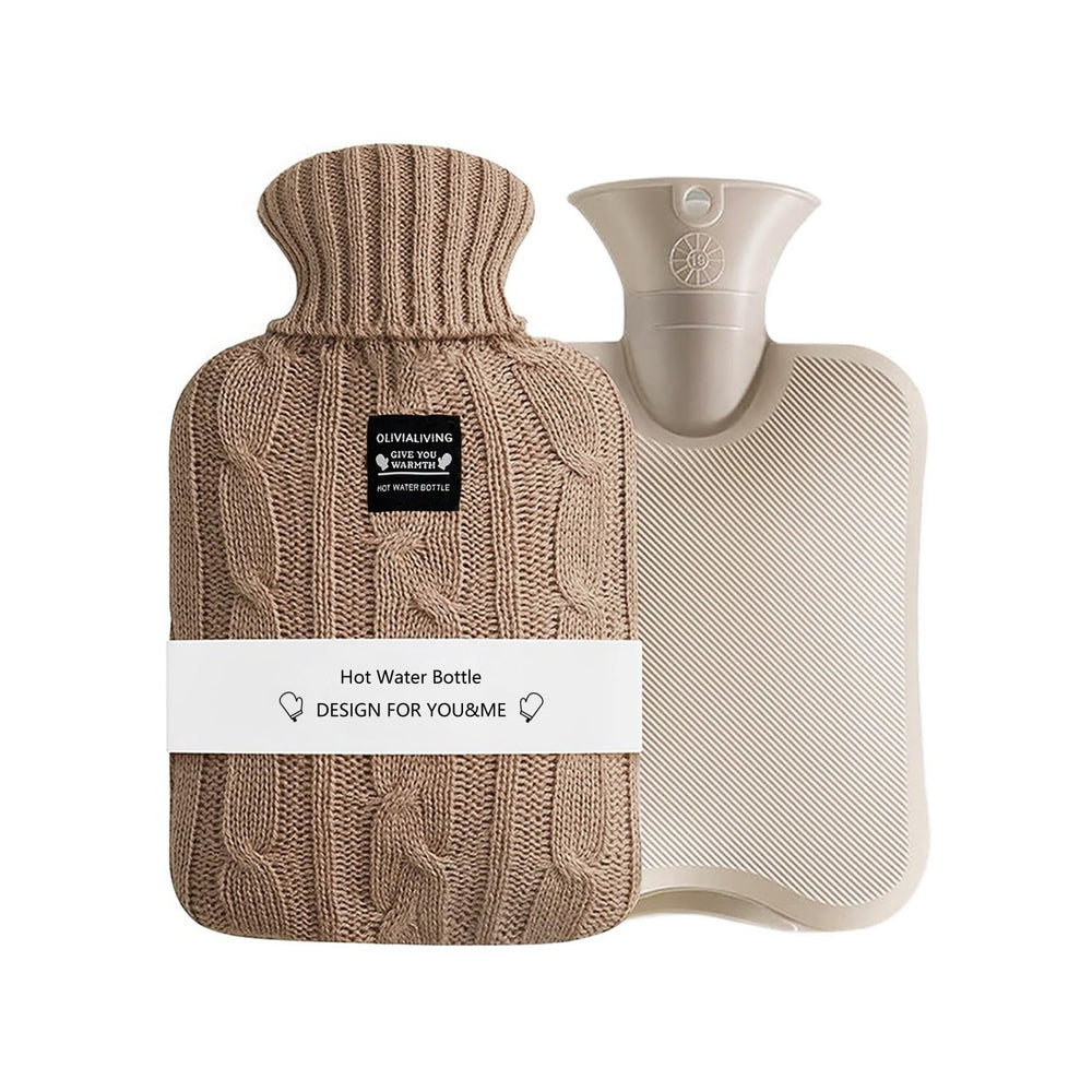 OliviaLiving hot water bottle with knit cover for safe, cozy heat therapy.