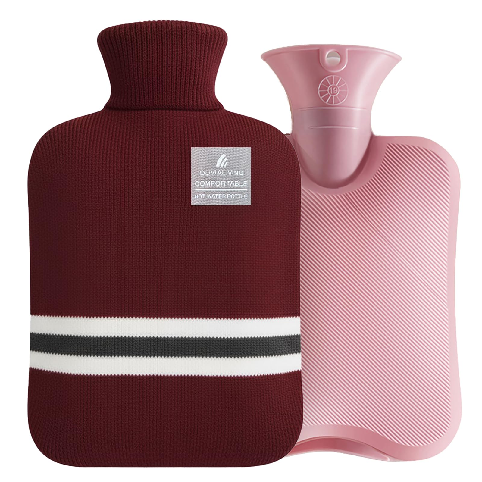 OliviaLiving hot water bottle with burgundy striped cover delivering long-lasting warmth