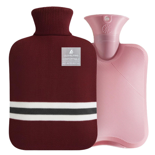 OliviaLiving hot water bottle with burgundy striped cover delivering long-lasting warmth