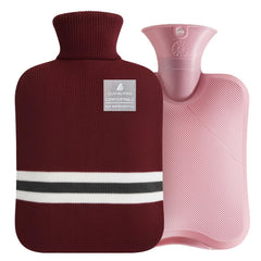 OliviaLiving hot water bottle with burgundy striped cover delivering long-lasting warmth