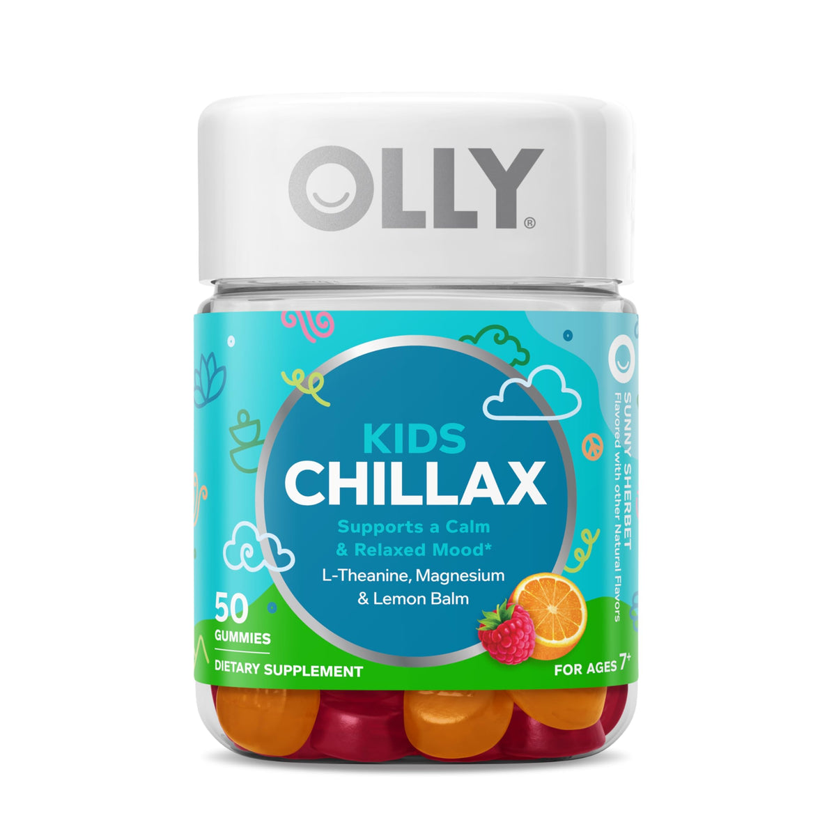 OLLY Kids Chillax gummies bottle promotes calm, convenient snacking for kids.