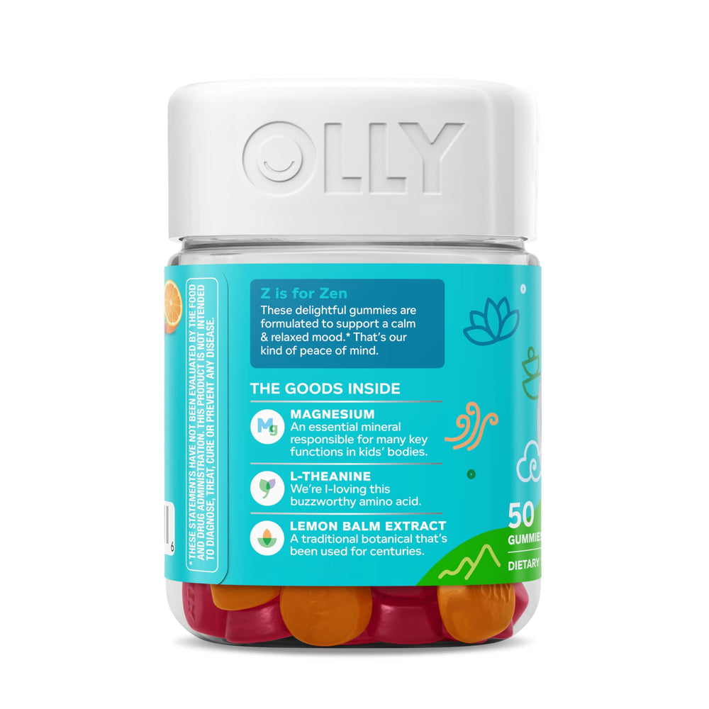 Magnesium and L-Theanine icons on OLLY Kids Chillax packaging imply gentle calm.