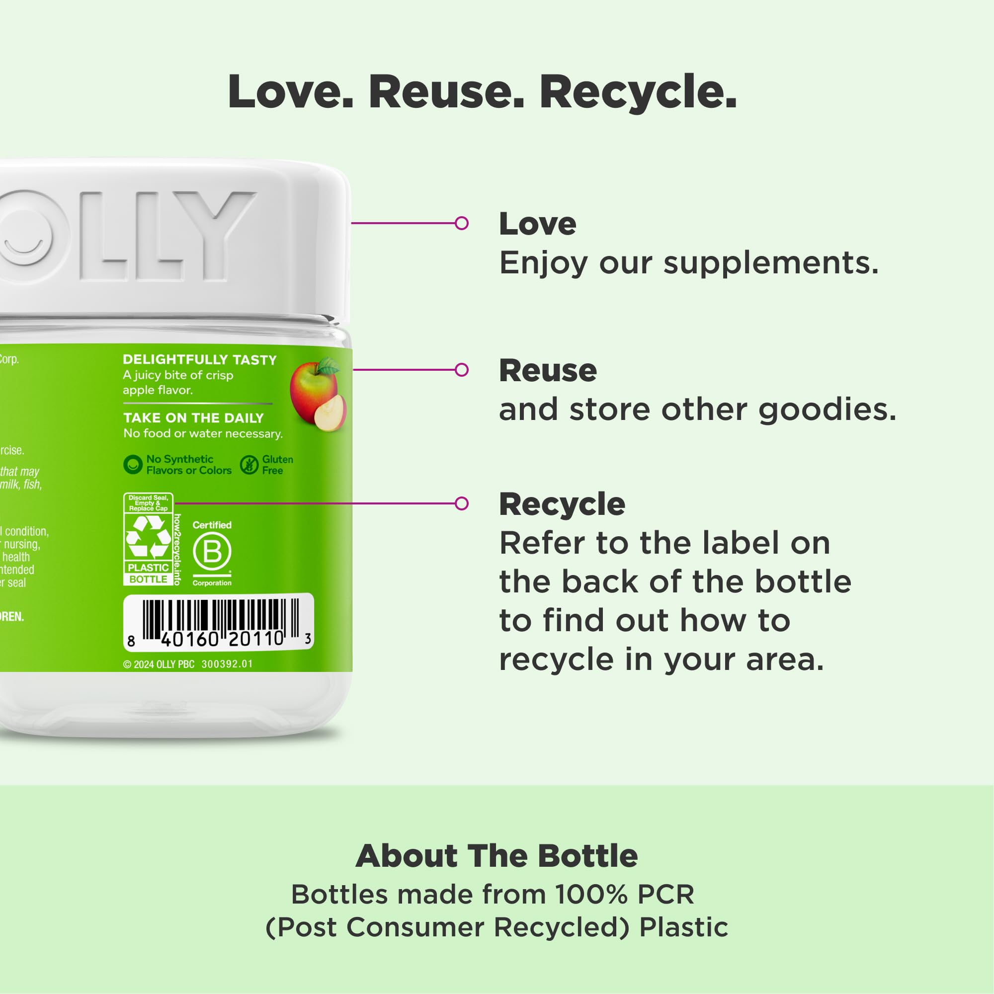 OLLY Metabolism Gummy Rings closeup text emphasizes Chromium Picolinate and Vitamin B12 benefits.