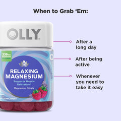 OLLY Relaxing Magnesium Gummies ingredients label highlighting magnesium citrate and vegetarian formula