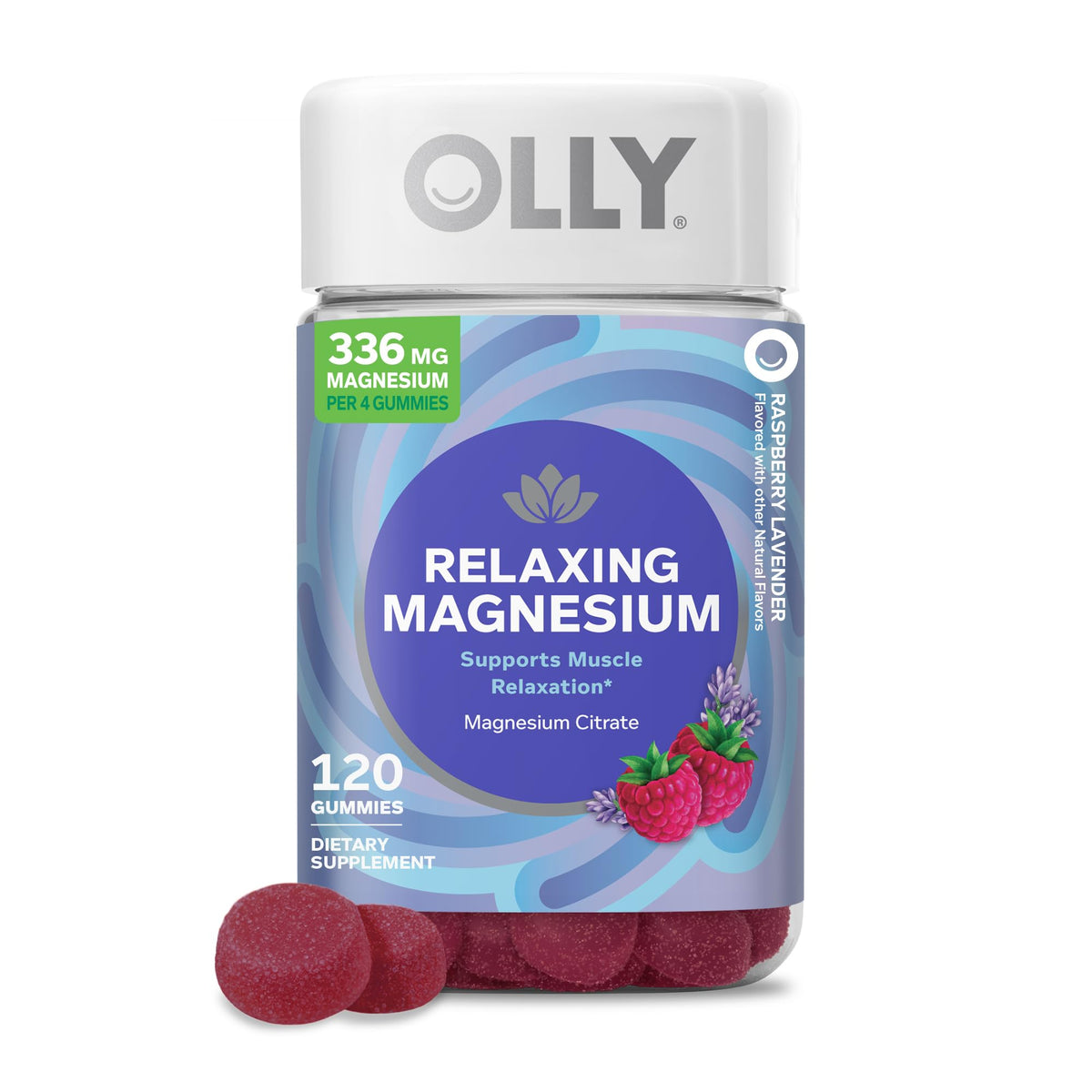 OLLY Relaxing Magnesium Gummies bottle with raspberry-lavender flavor for daily muscle relaxation