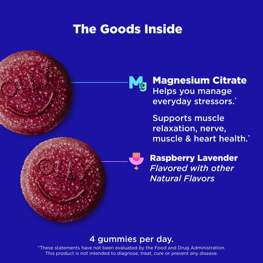 Close-up of OLLY Relaxing Magnesium Gummies showing chewy texture and raspberry-lavender flavor