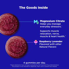 Close-up of OLLY Relaxing Magnesium Gummies showing chewy texture and raspberry-lavender flavor