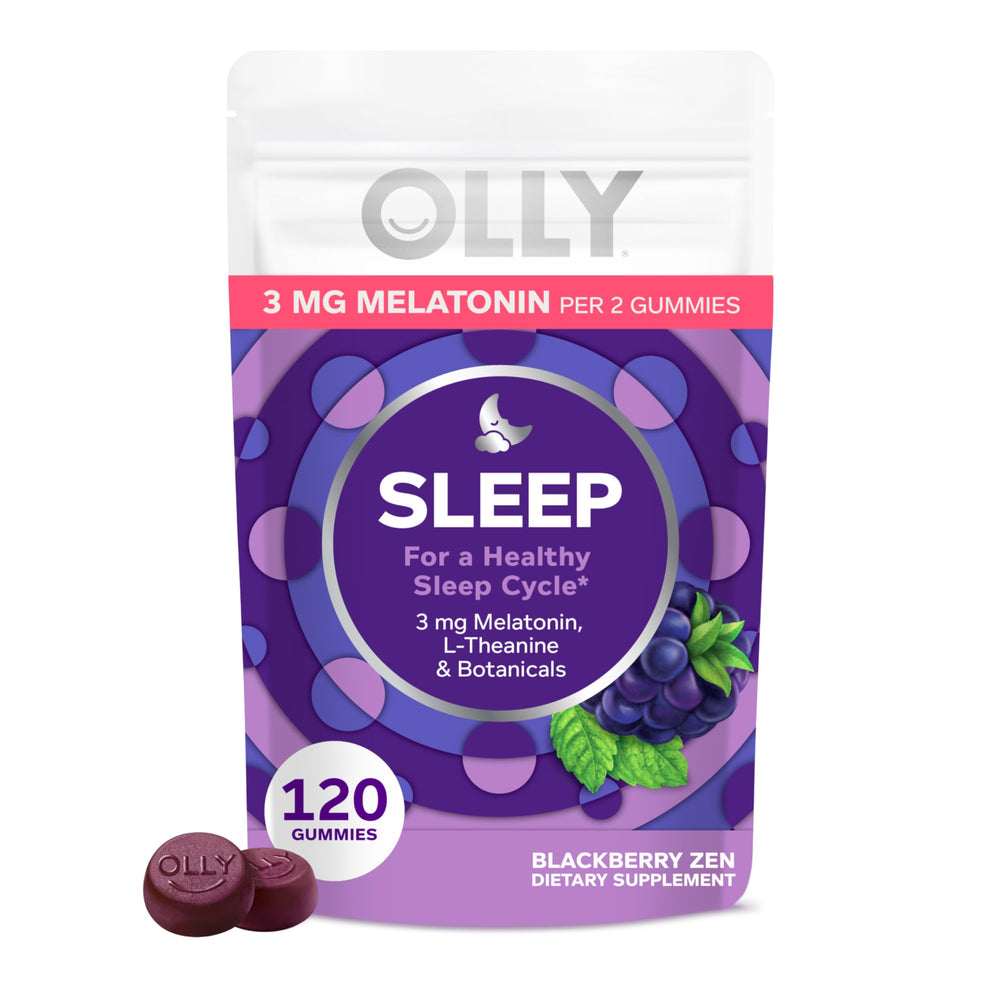 OLLY Sleep Gummies front label with blackberry flavor and mint hint