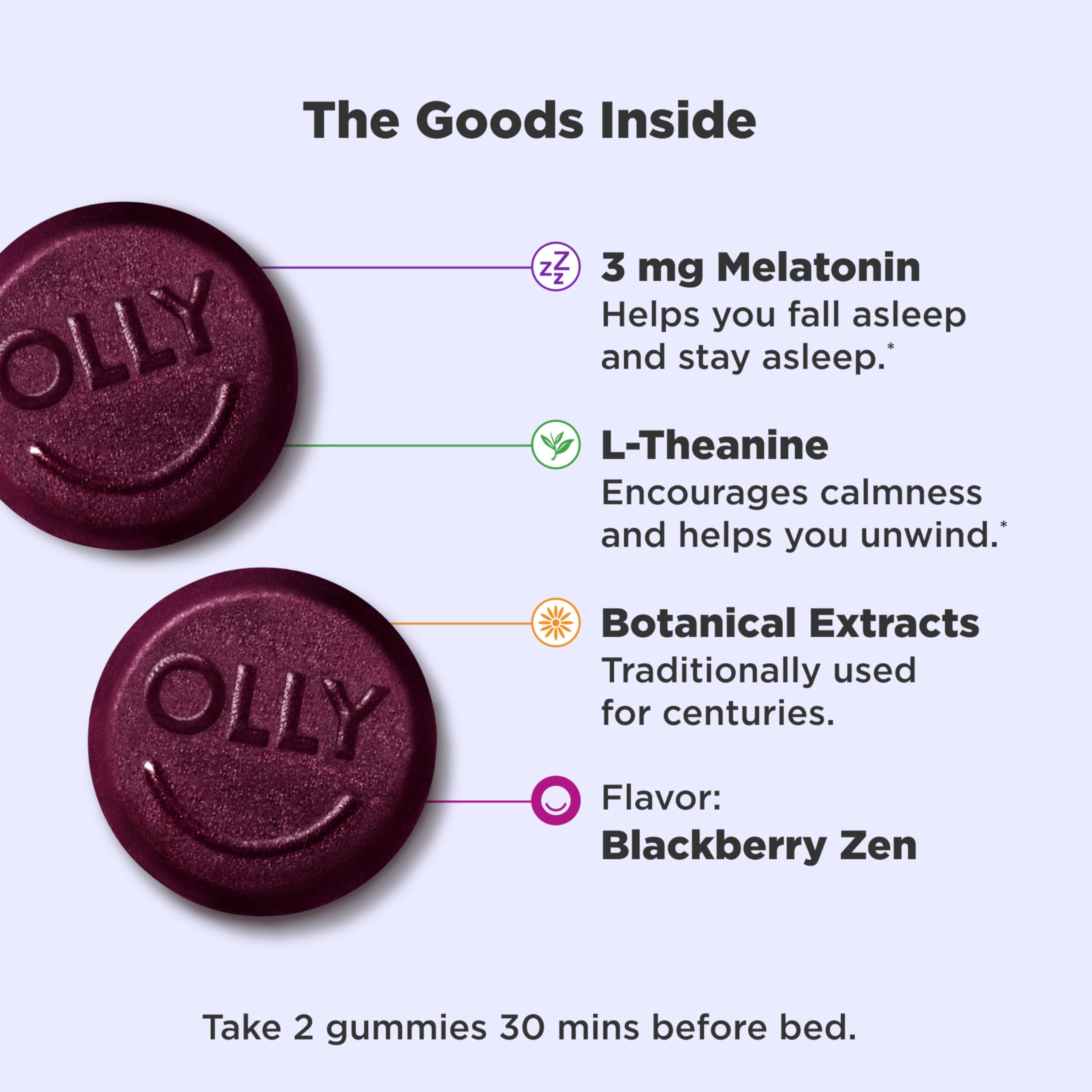 Close-up of purple gummies from OLLY Sleep Gummies on label