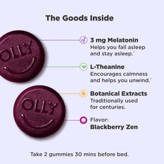 Close-up of purple gummies from OLLY Sleep Gummies on label