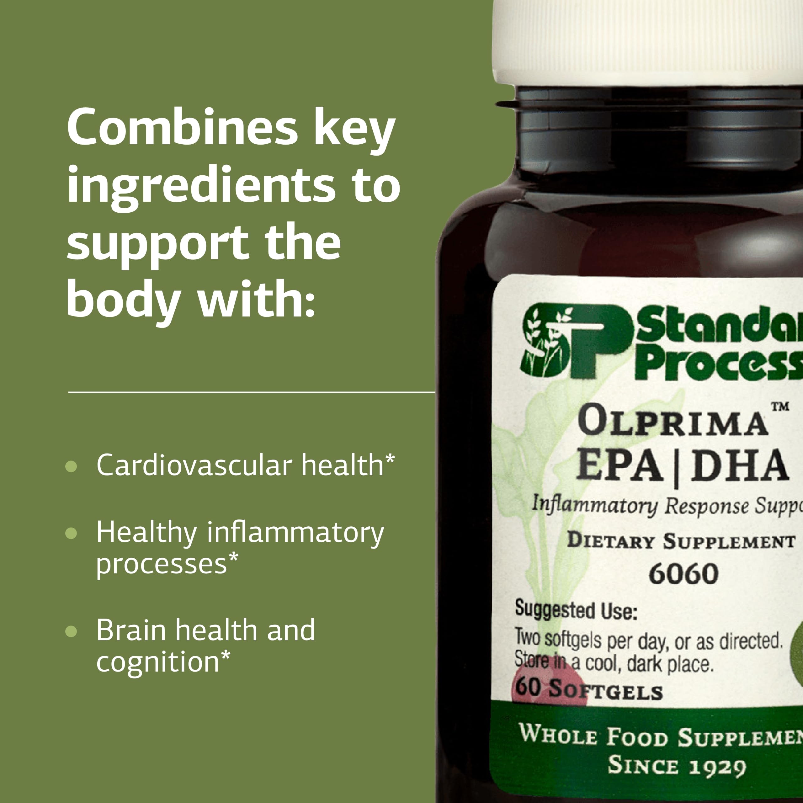 Olprima omega-3 softgels label emphasizes the 55:45 EPA:DHA ratio for heart and brain benefits.