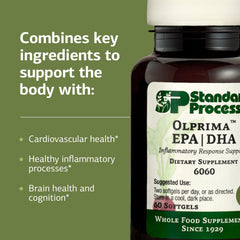 Olprima omega-3 softgels label emphasizes the 55:45 EPA:DHA ratio for heart and brain benefits.