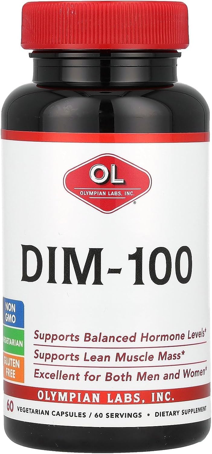 Olympian Labs DIM 100mg capsules in bottle support balanced hormones.