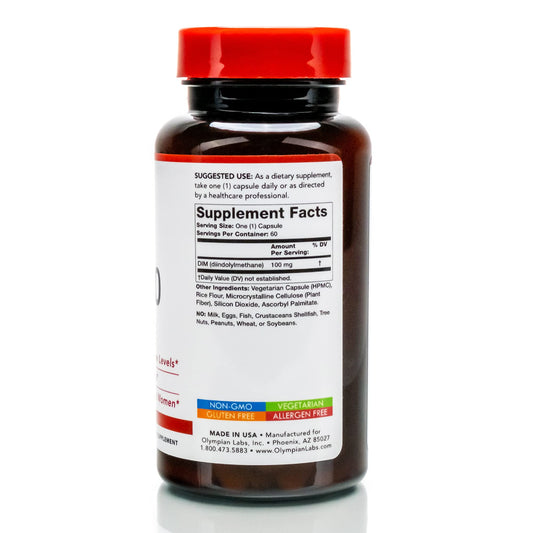 Closeup of Olympian Labs DIM bottle showing easy daily supplementation.