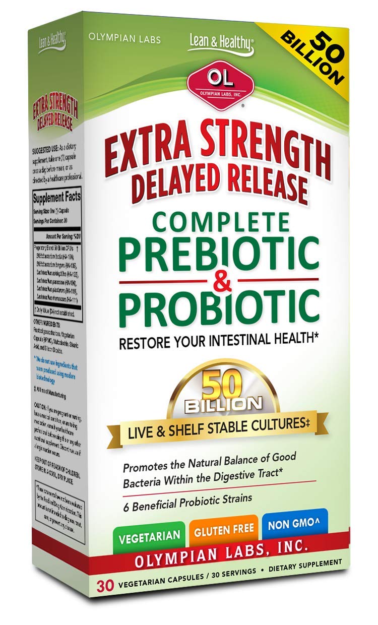 Olympian Labs extra strength prebiotic probiotic bottle promotes balanced digestion.