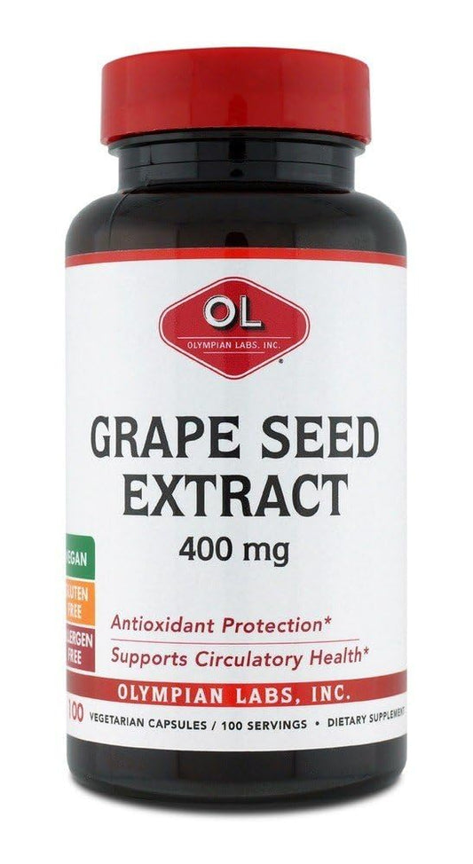 Olympian Labs Grape Seed Extract bottle highlighting potent antioxidants for heart and immune health.