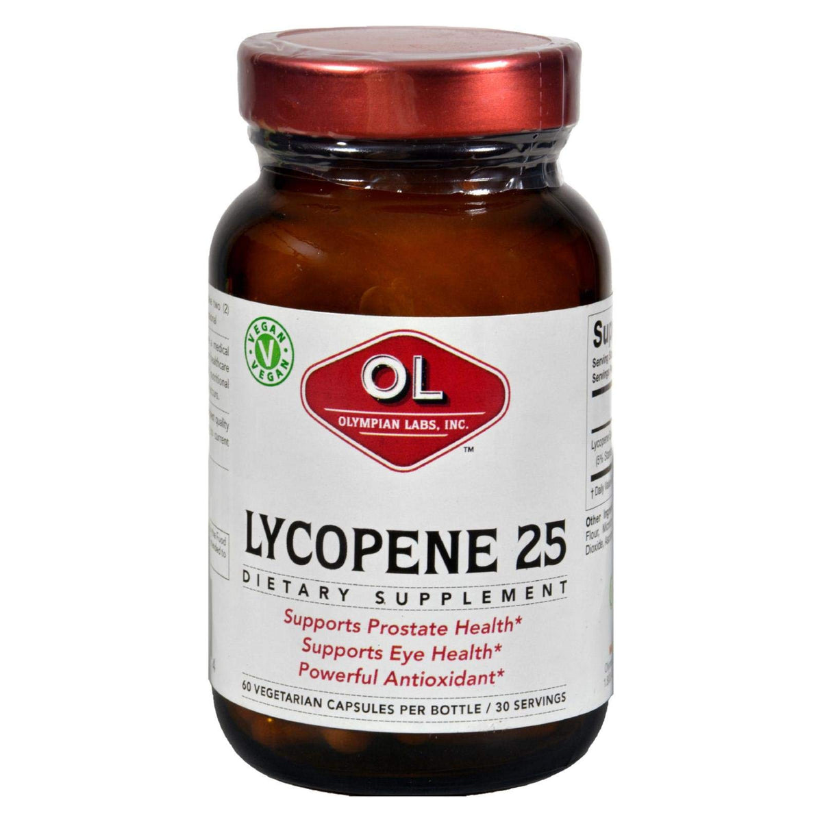 Olympian Labs Lycopene 25mg bottle for vegan antioxidant support.