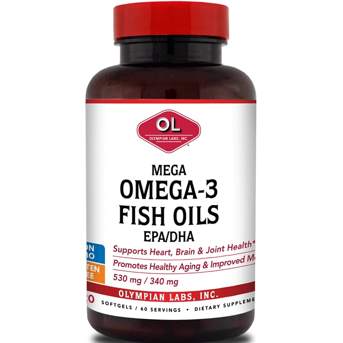 Olympian Labs Mega Omega-3 bottle front view with high EPA and DHA per serving.