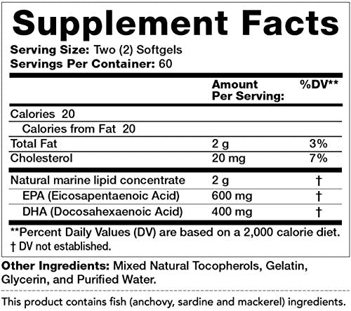 Close-up of the Mega Omega-3 label showing purity and purification process.