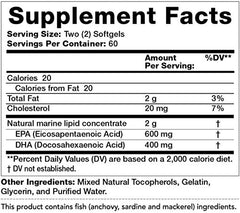 Close-up of the Mega Omega-3 label showing purity and purification process.