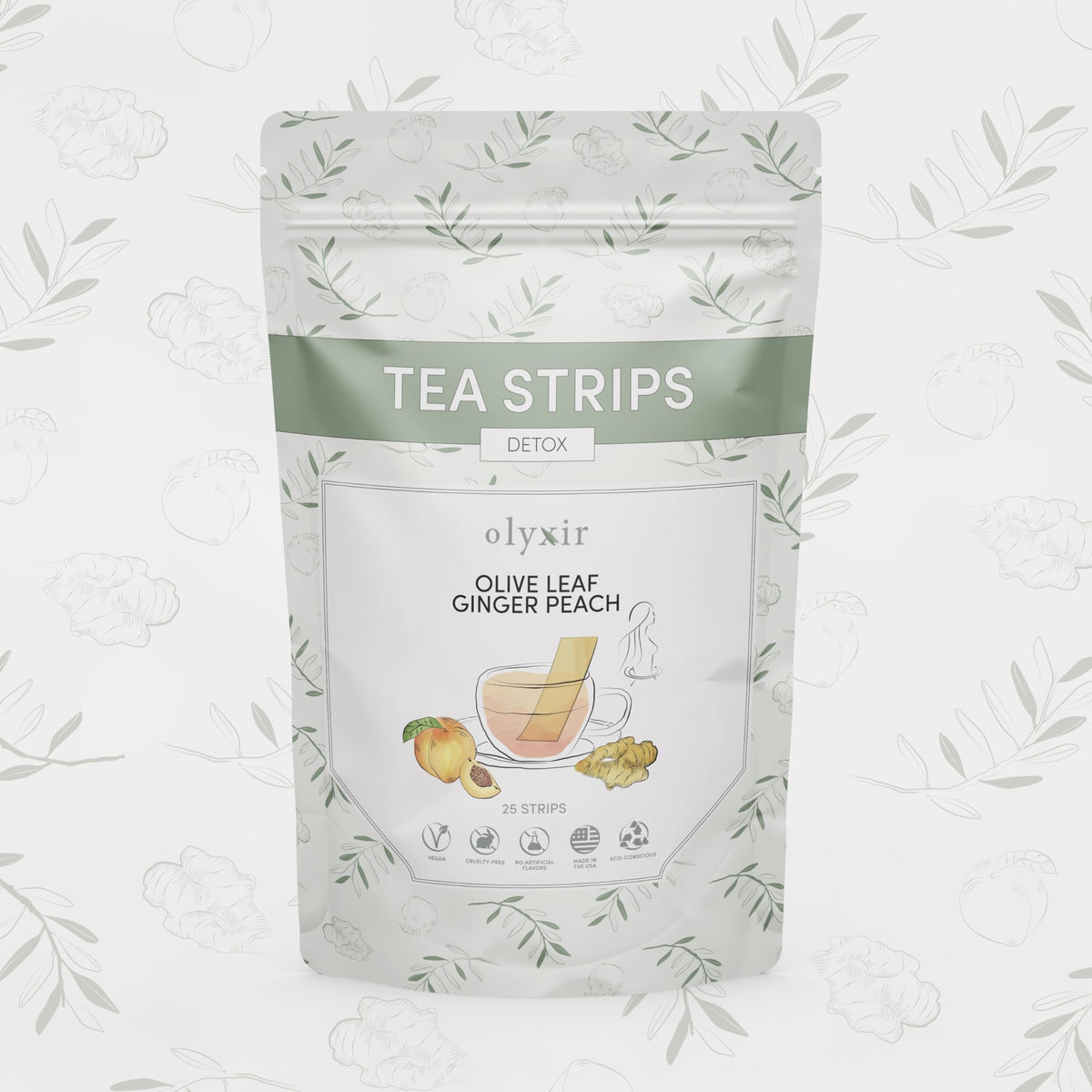 Olyxir Detox Tea Strips with olive leaf, ginger, and peach for a quick, mess-free ritual