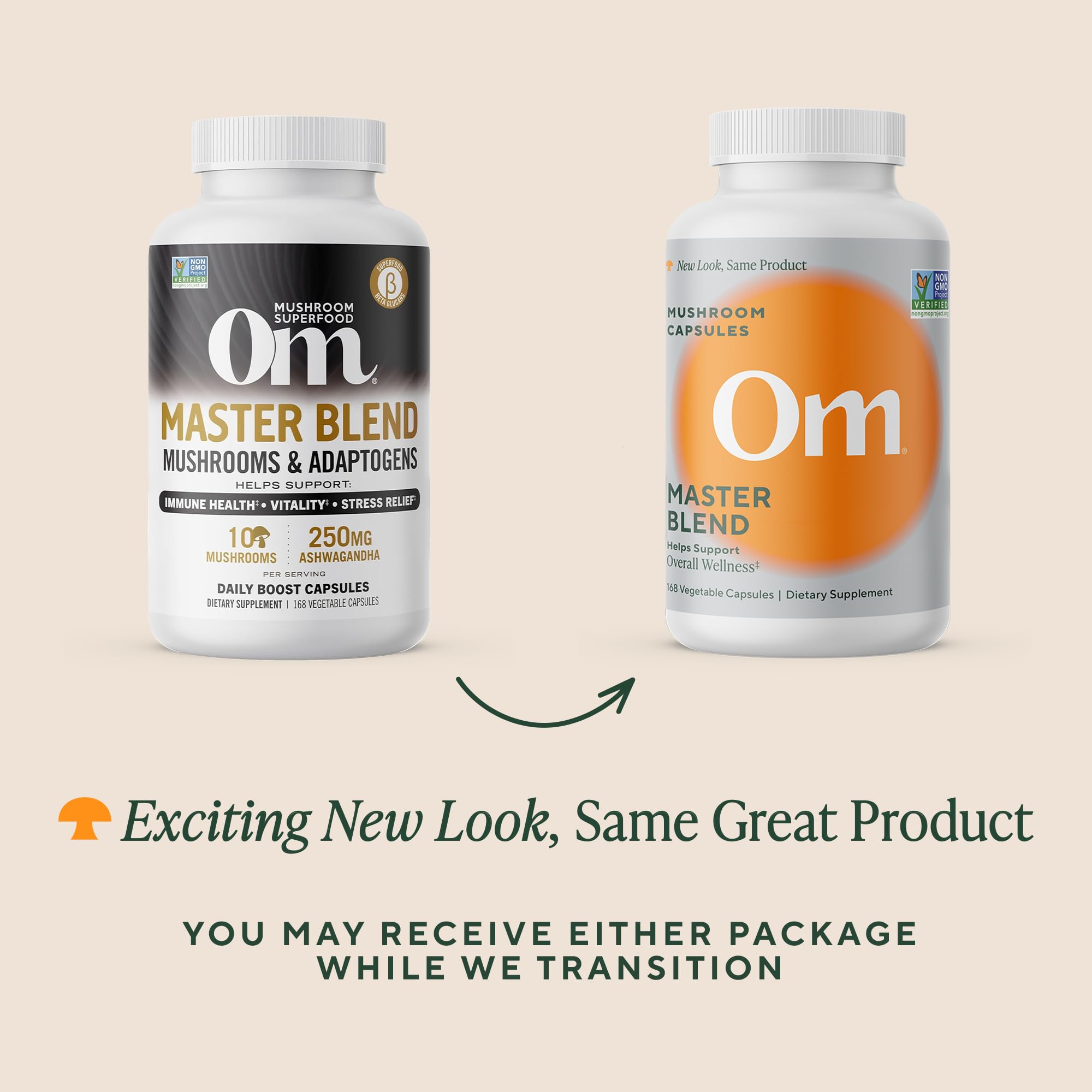 OM Master Blend packaging highlights 56 servings and 2000 mg per serving