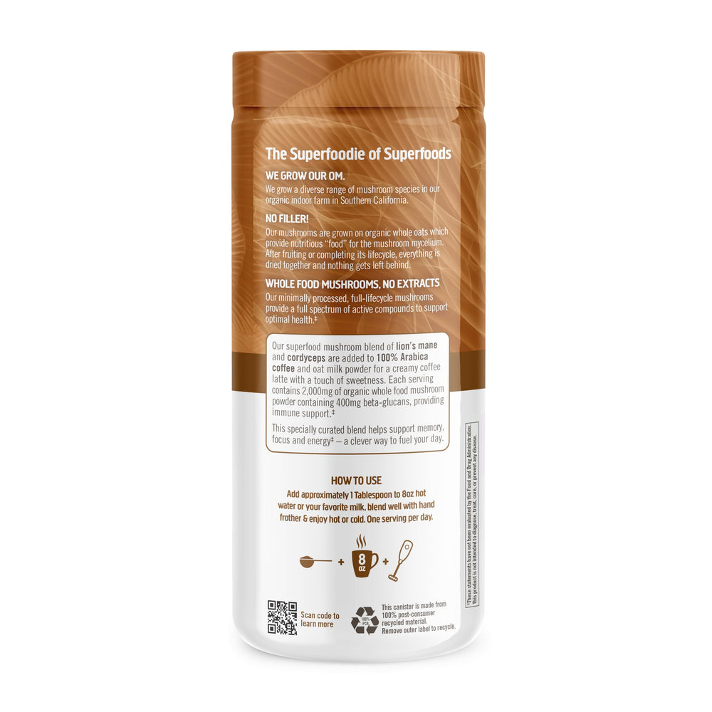Om Mushroom Superfood Coffee Latte Blend bottle highlights Cordyceps for energy support.