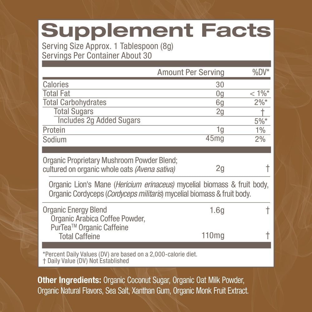 Om Mushroom Superfood Coffee Latte Blend bottle featuring Reishi for balanced daytime calm.