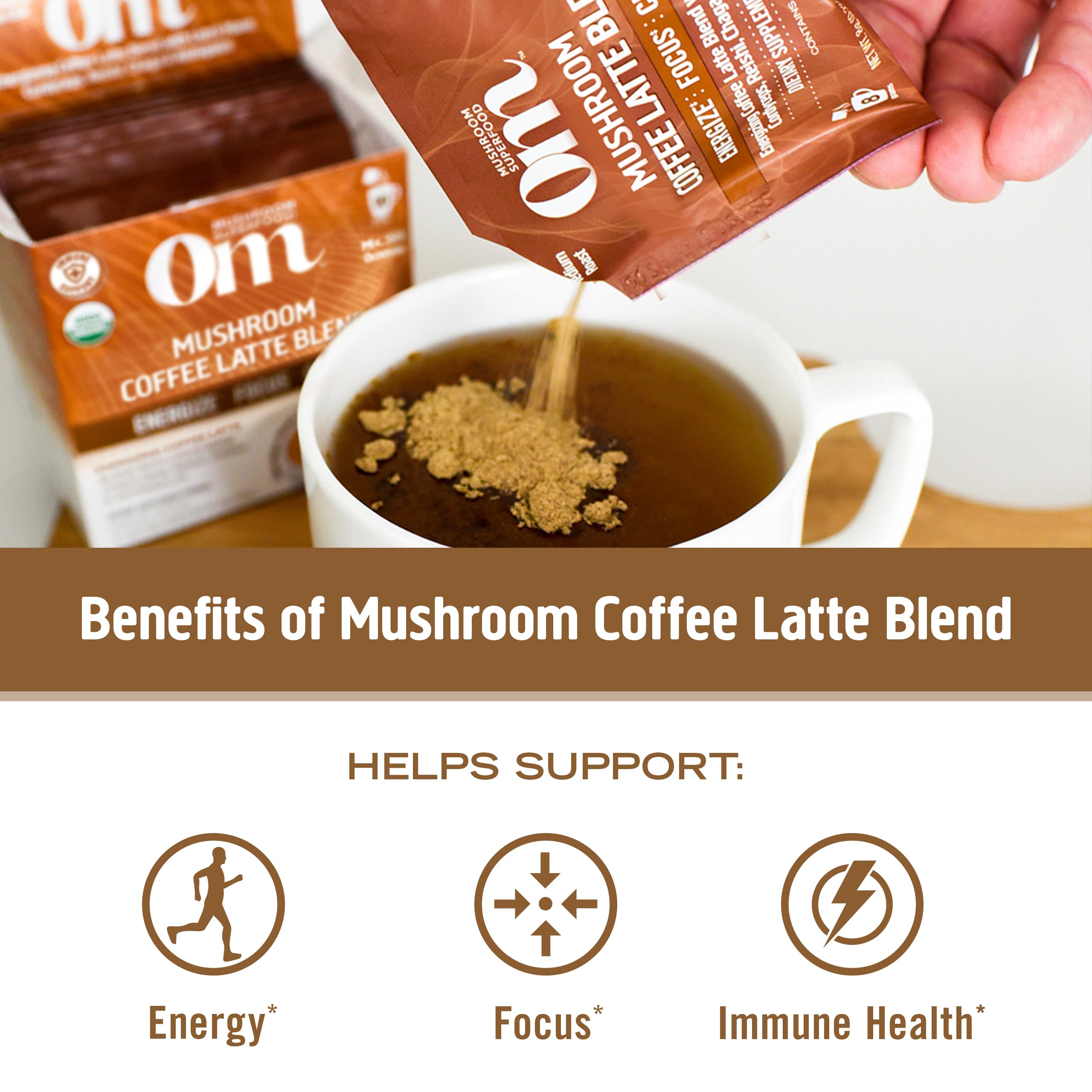 Steaming latte prepared with Om Mushroom Superfood Coffee Latte Blend for a balanced pick-me-up.