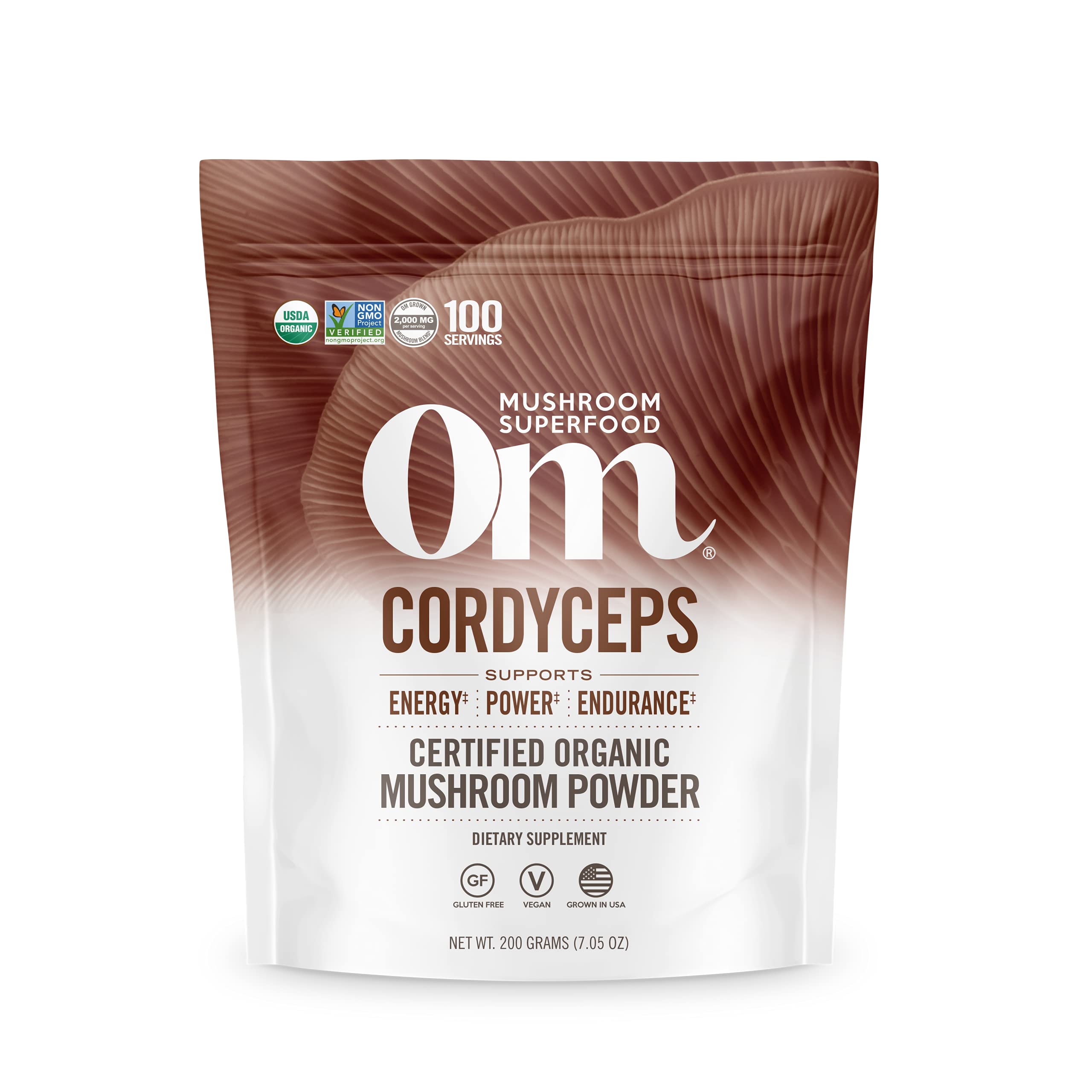 OM Mushroom Cordyceps powder in bottle boosts natural energy and endurance for workouts