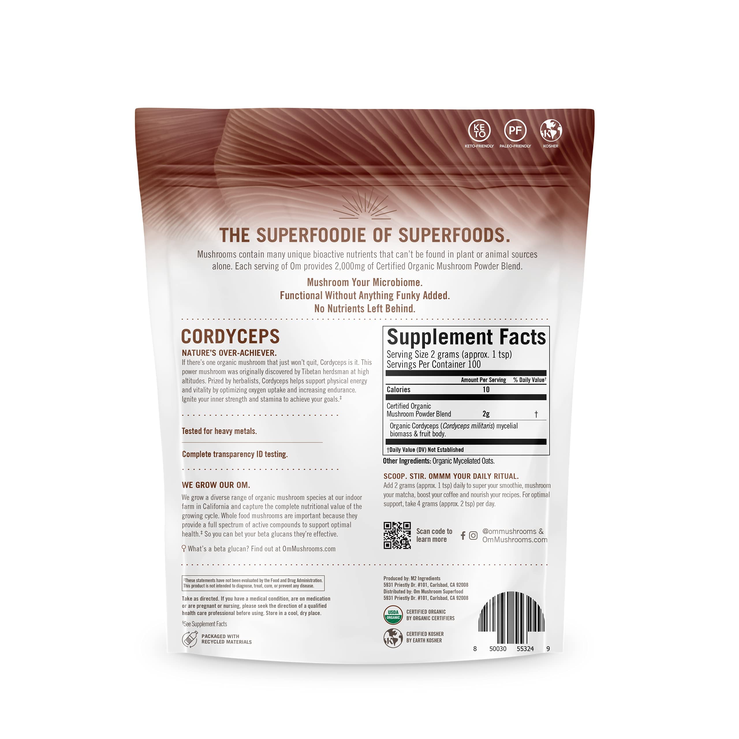 US-grown OM Cordyceps powder beside oats, signaling purity and quality
