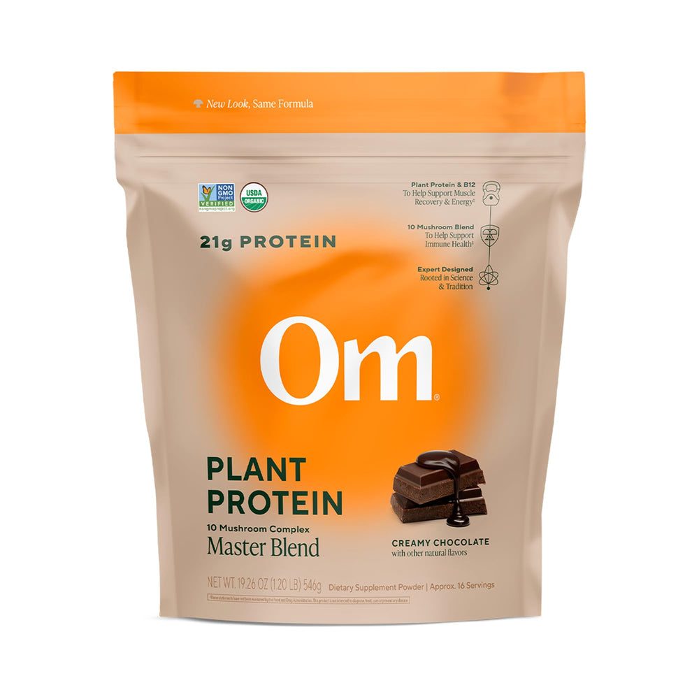 OM Mushroom Master Blend chocolate protein bag for daily workouts and recovery.