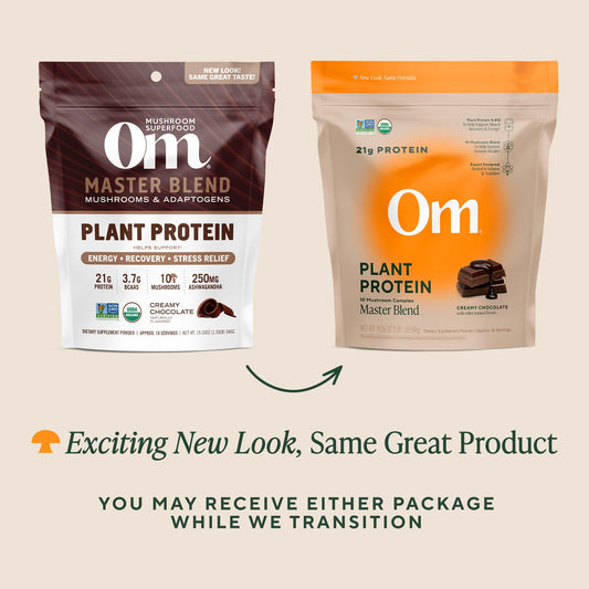OM Mushroom Master Blend chocolate shake in glass to fuel active days.