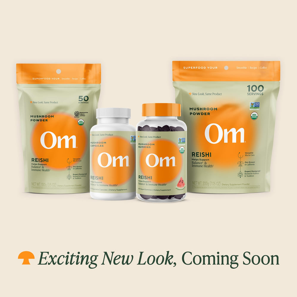 OM Mushroom Superfood Reishi capsules close-up showing convenient gel-cap form