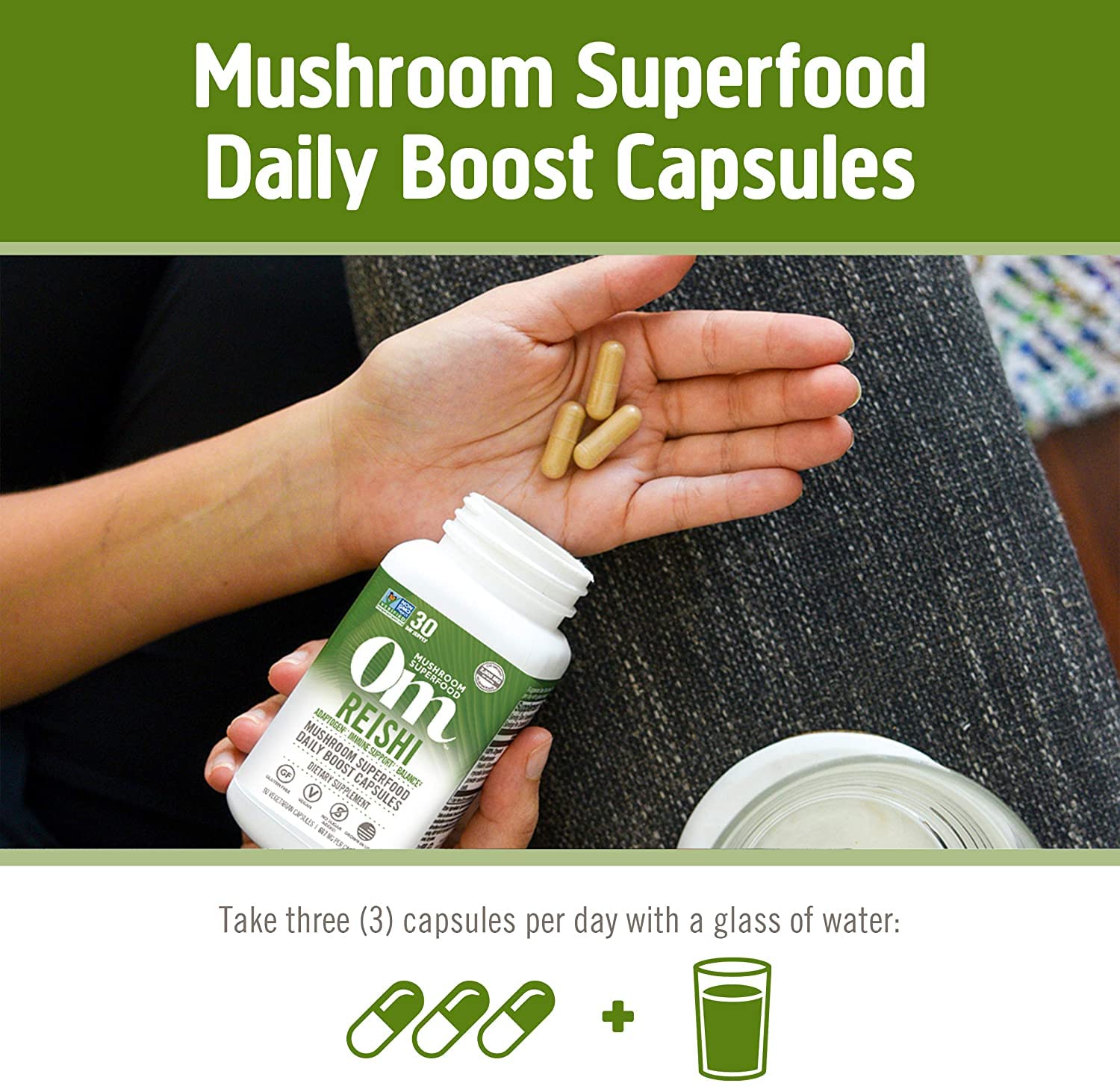 Front packaging of OM Mushroom Superfood Reishi capsules emphasizing organic origin