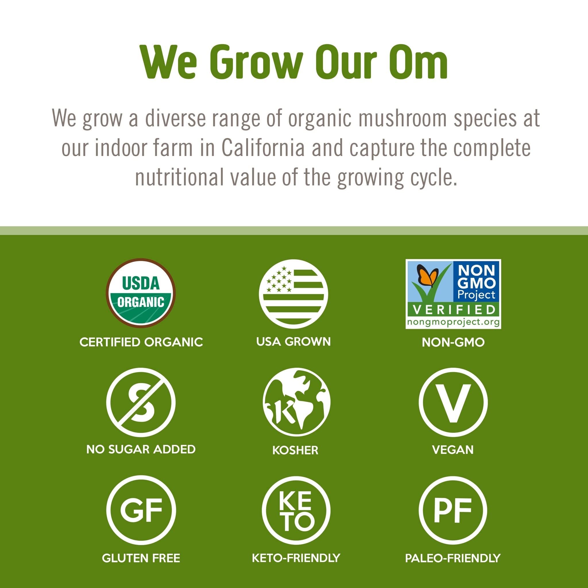 OM Mushroom Reishi certifications highlight USDA Organic and non-GMO status