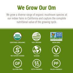 OM Mushroom Reishi certifications highlight USDA Organic and non-GMO status