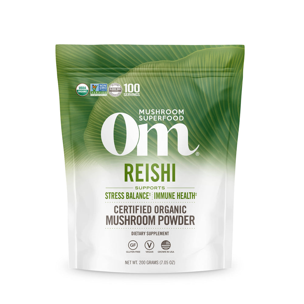 OM Mushroom Reishi powder jar for convenient daily stress support