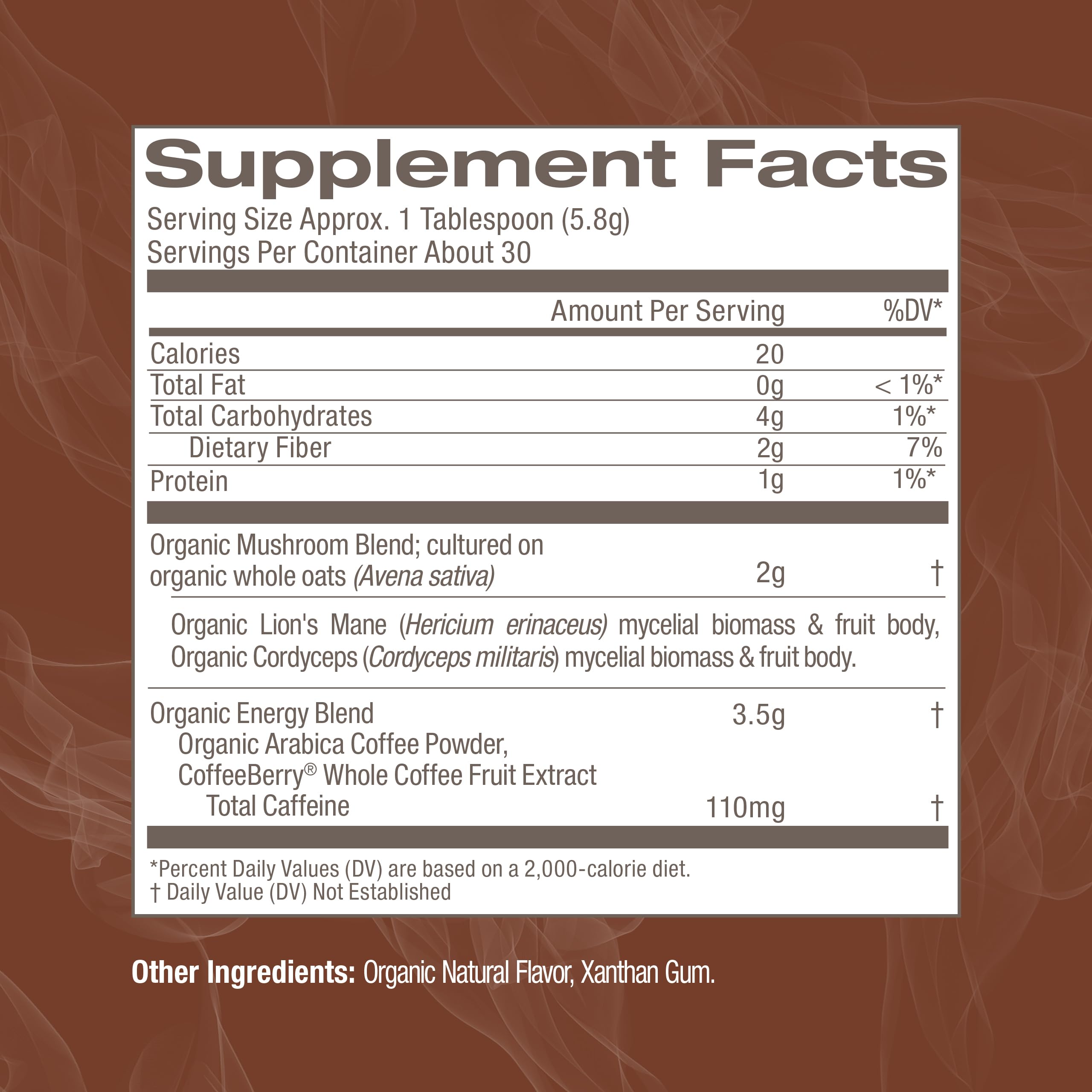 Front view of the 6.24 oz OM MUSHROOM SUPERFOOD canister with label.